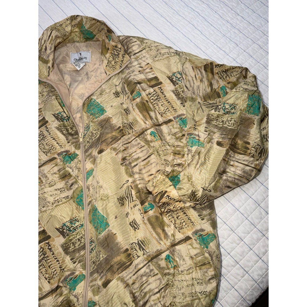 Oleg Cassini Vintage 100% Silk Abstract Print Windbreaker Jacket Mens Medium Tan
